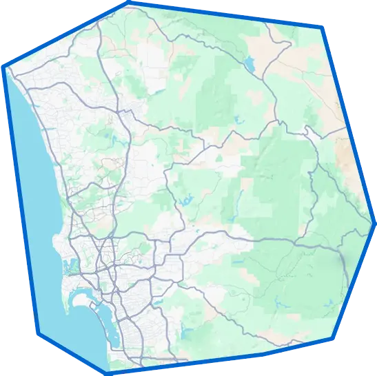 Illustrated map of San Diego County showing Blue Leaf Detailing's mobile service area throughout the region.